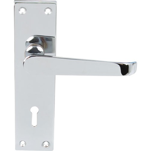Polished Chrome Victorian Door Handles - Lock with Standard Keyway Backplate